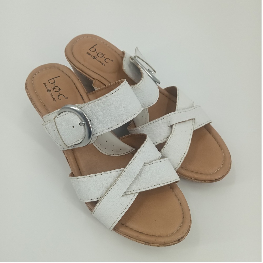 B.O.C. Born Concept White Leather Cork Wedge Sandals Womens 8M C94301 CIA15